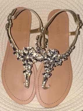 Nine West Metallic Gold Jeweled T-Strap Sandals